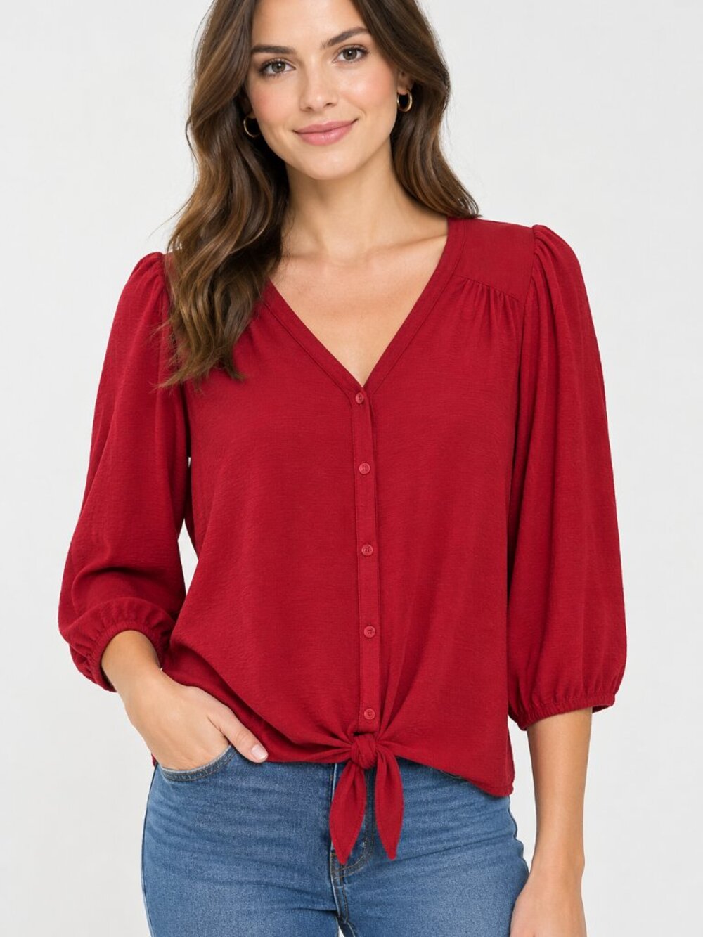 RXB Crimson Button-Front Tie-Hem Blouse Size Small